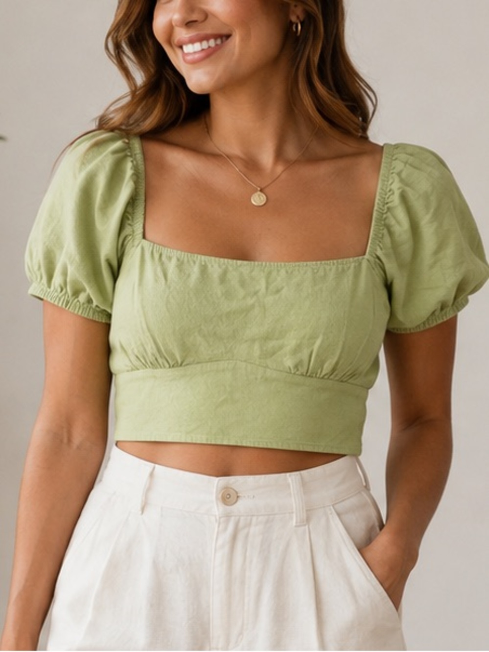 LA Hearts Sage Green Smocked Crop Top S
